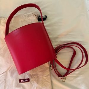 Staud Bisset Leather Red Bucket Bag